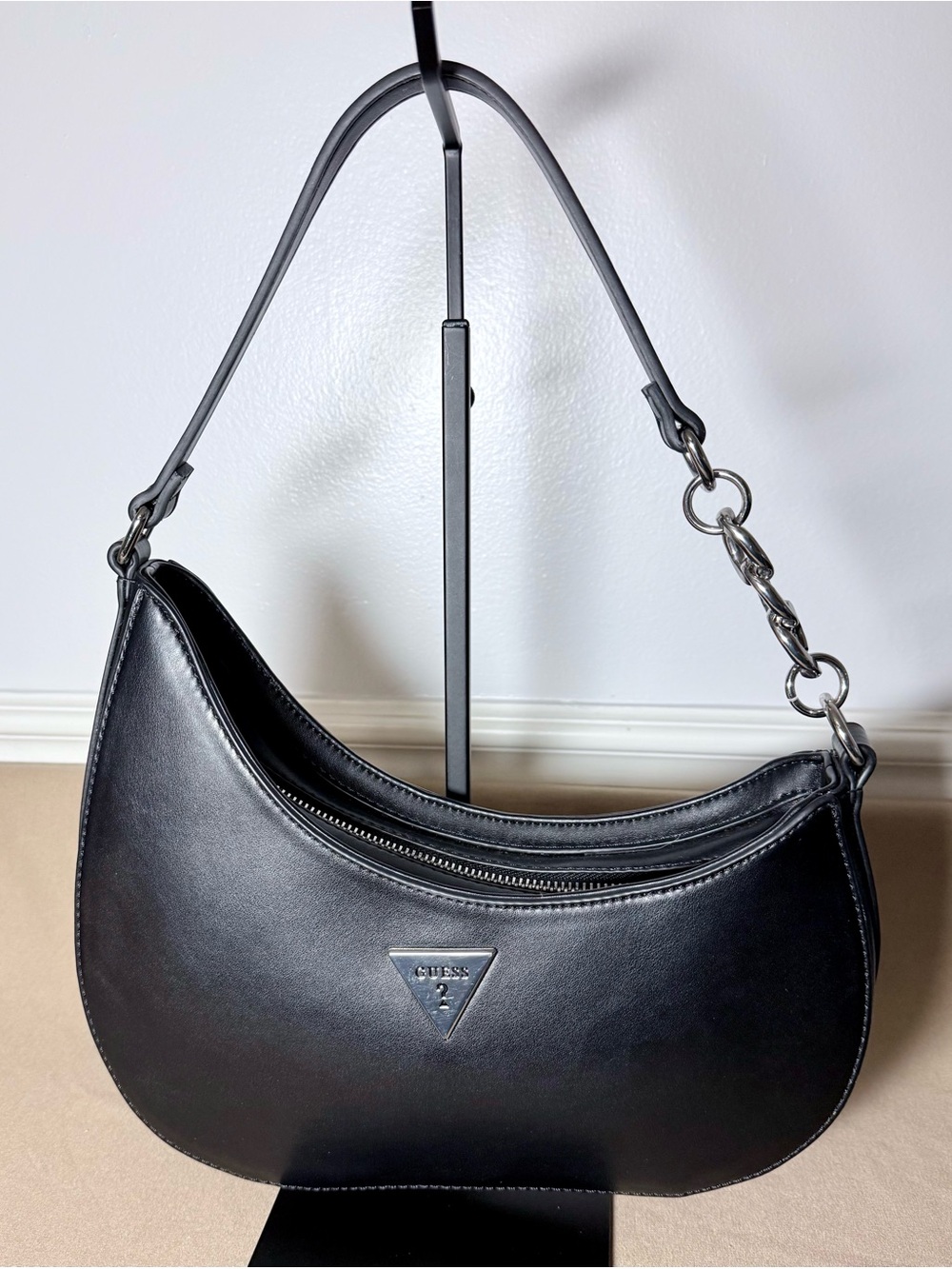 GUESS Mikey Black Crescent Shoulder Bag with Chain-Link Accent NWOT